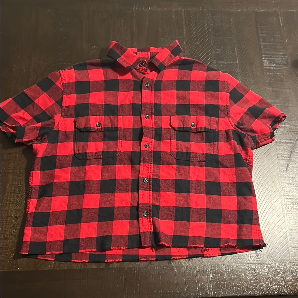 Distressed Plaid Cropped Button-Up Shirt